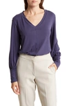 Renee C V-neck Long Sleeve Solid Top In Navy