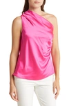 Renee C Ruched One-shoulder Satin Blouse In Neon Pink
