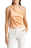 Renee C Ruched One-shoulder Satin Blouse In Melon