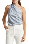Renee C Ruched One-shoulder Satin Blouse In Steel Blue
