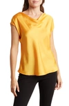 Renee C Cowl Neck Cap Sleeve Satin Top In Marigold