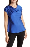 Renee C Cowl Neck Cap Sleeve Satin Top In Royal Blue