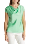 Renee C Cowl Neck Cap Sleeve Satin Top In Tea Green