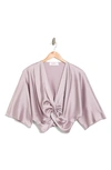 Renee C Plunge Neck Long Sleeve Twisted Knot Satin Top In Dusty Lavender