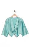 Renee C Plunge Neck Long Sleeve Twisted Knot Satin Top In Seafoam Blue