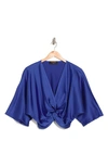 Renee C Plunge Neck Long Sleeve Twisted Knot Satin Top In Royal Blue
