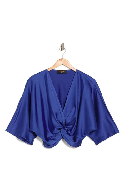 Renee C Plunge Neck Long Sleeve Twisted Knot Satin Top In Royal Blue