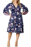 Kiyonna Gemini Floral Bell Sleeve Wrap Dress In Evening Rose Garden