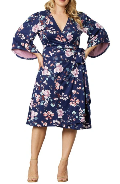 Kiyonna Gemini Floral Bell Sleeve Wrap Dress In Evening Rose Garden