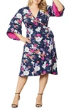 Kiyonna Gemini Floral Bell Sleeve Wrap Dress In Vibrant Garden Print