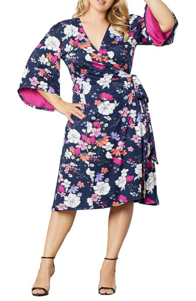 Kiyonna Gemini Floral Bell Sleeve Wrap Dress In Vibrant Garden Print