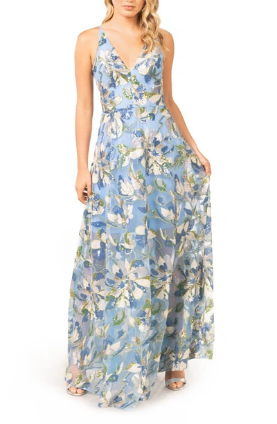 Dress The Population Ariyah Floral Sequin Gown In Sky Blue Multi