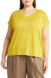 Eileen Fisher V-neck Organic Linen T-shirt In Multi