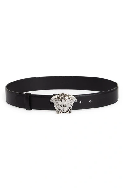 Versace Medusa Head Leather Belt In Black/ Palladium