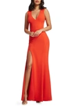 Dress The Population Sandra Plunge Crepe Trumpet Gown In Poppy