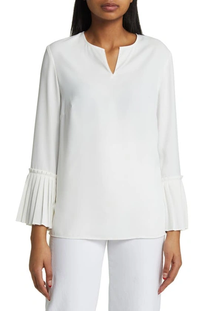 Misook Pleated Bell Sleeve Split Neck Top In White