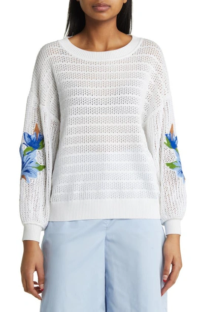 Misook Embroidered Pointelle Sweater In White/sky/multi