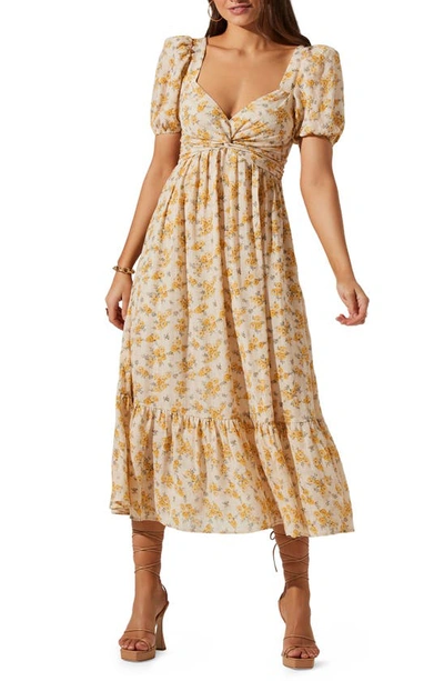 Astr Tie Back Puff Sleeve Midi Dress In Mustard Multi Floral