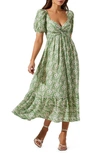 Astr Tie Back Puff Sleeve Midi Dress In Green Blue Floral