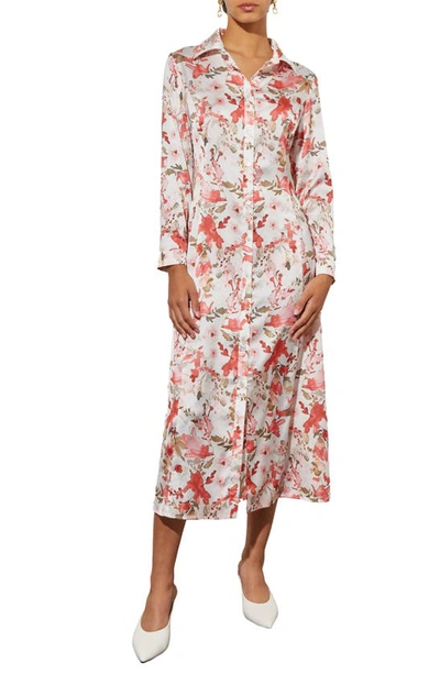 Ming Wang Watercolor Floral Long Sleeve Crêpe De Chine Shirtdress In Sunkissed Coral/ Multi