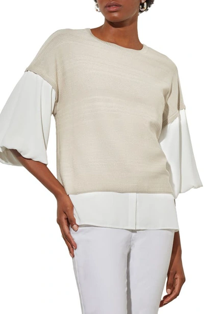 Ming Wang Colorblock Mix Media Top In Limestone/ White