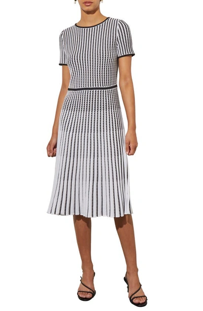 Ming Wang Grid Stripe Flare Knit Dress In White/ Black