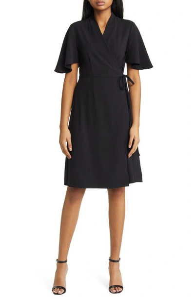 Ming Wang Butterfly Sleeve Crêpe De Chine Wrap Dress In Black