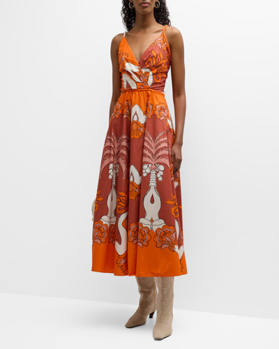 Johanna Ortiz Sumo Florentino Surplice-neck Sleeveless Midi Dress In Palms Orange Pecan