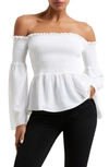 French Connection Frenh Connection Smocked Off-the-shoulder Peplum Top In 10-summer White