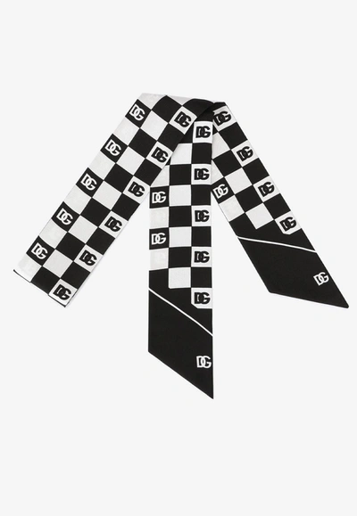 Dolce & Gabbana Damier-print Silk Scarf With Dg Logo In Monochrome