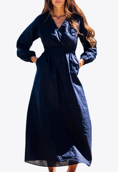 Les Canebiers Eau Vive Elastic Waist Maxi Dress In Blue