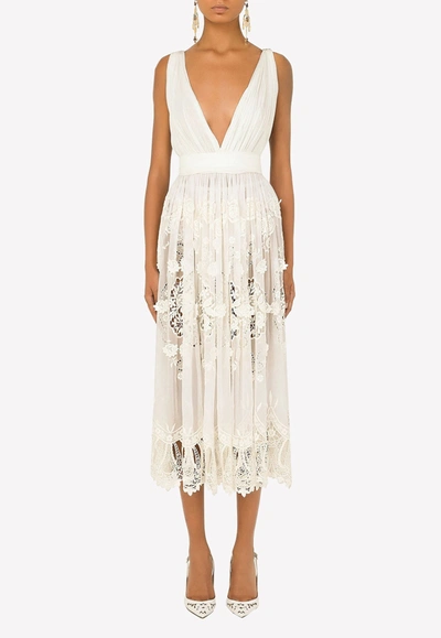 Dolce & Gabbana Crystal Embroidery Chiffon Midi Dress In Off-white
