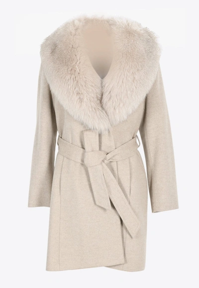 Sofia Cashmere By Dale Dressin Fox Fur Trimmed Belted Wool Coat In Beige
