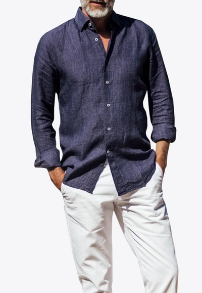 Les Canebiers Divin Button-up Shirt In Linen In Blue