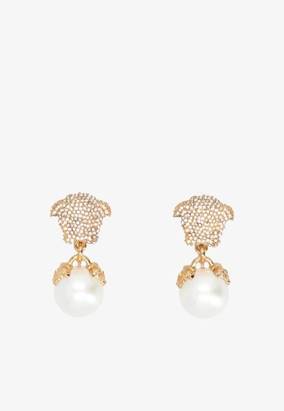 Versace Crystal-embellished Medusa Earrings In White