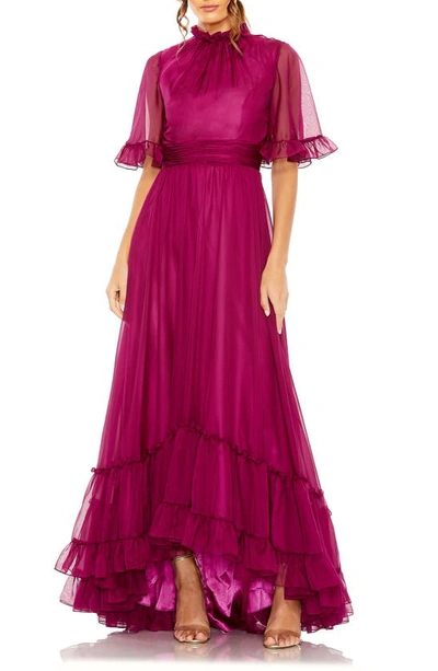 Mac Duggal Ruffle High Neck Flutter Sleeve A-line Gown In Raspberry