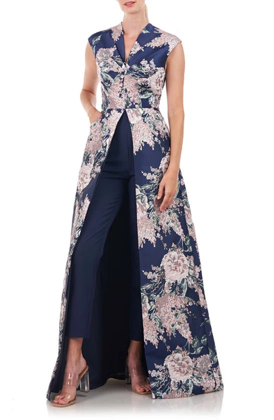 Kay Unger Women's Pia Bouquet-jacquard Walk-thru Jumpsuit In Blue