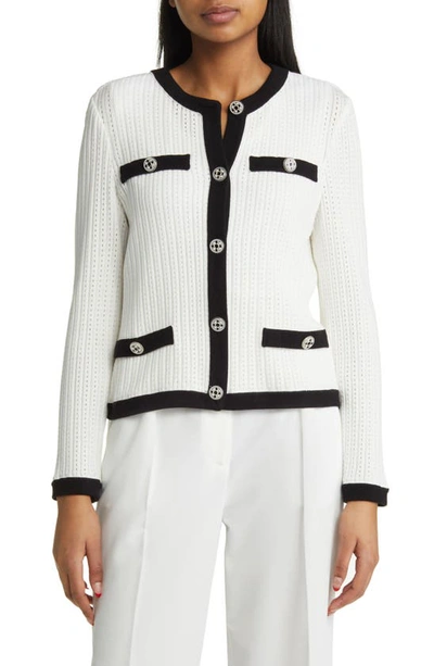 Misook Eyelet Knit Contrast Trim Jacket In Black/white