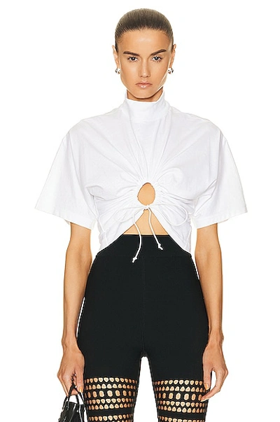 Alaïa High Neck Drawstring Keyhole Front Cropped Top In White