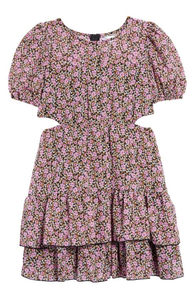 Lnl Kids' Floral Print Cutout Puff Sleeve Dress In Pink Lavender