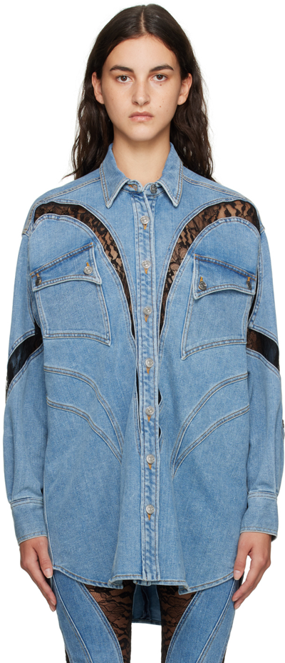 Mugler Lace Panel Denim Shirt Medium Blue And Black In Cyan