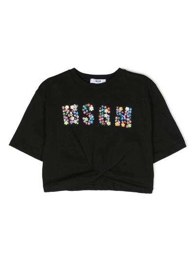 Msgm Kids' Floral-logo Cropped T-shirt In Black