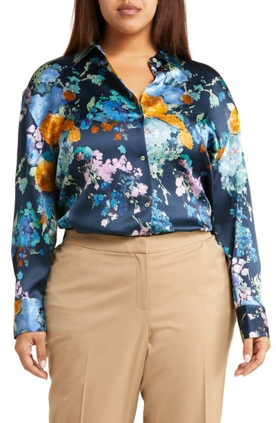 Vince Painted Bouquet Long Sleeve Silk Button-up Shirt In Coastal