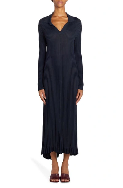 Bottega Veneta Plissé Johnny Collar Long Sleeve Knit Midi Dress In Starry Night