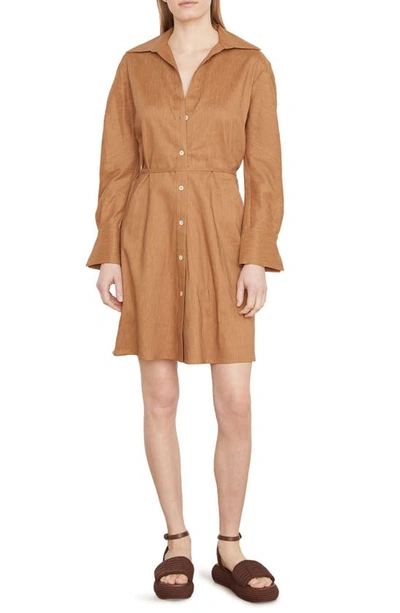 Vince Long Sleeve Stretch Linen Blend Shirtdress In Tobacco