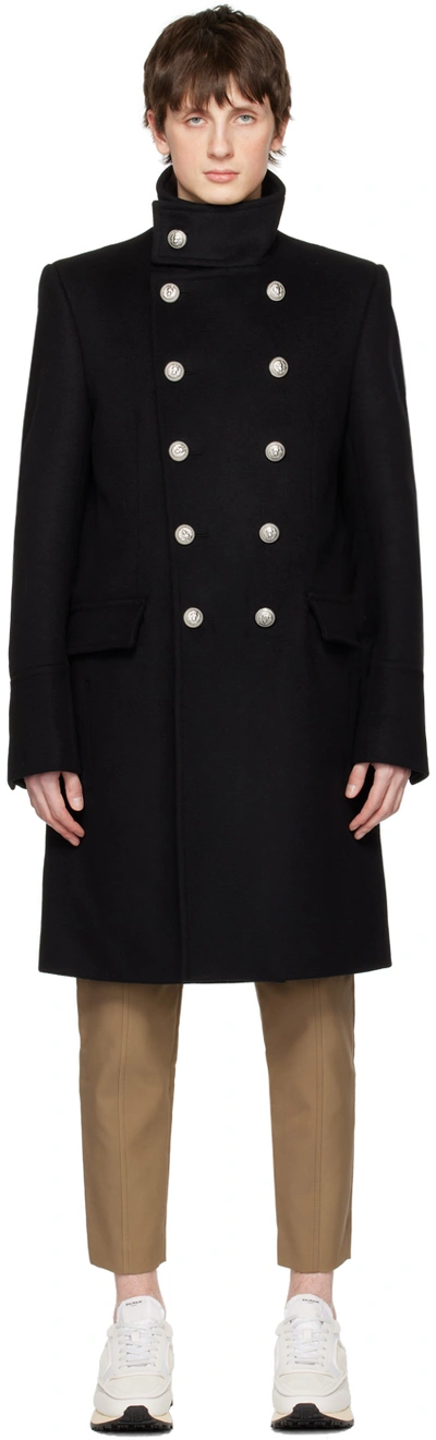Balmain Long Wool Military Style Coat In Black
