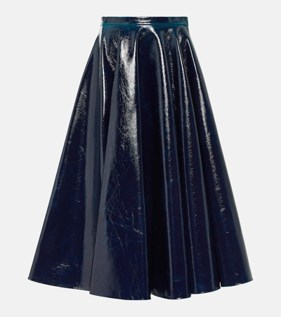 Alaïa Lacquered Wool-blend A-line Midi Skirt In Bleu Petrole