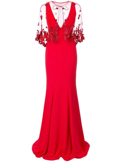 Marchesa Notte 2-piece Red Crepe Evening Gown W/ Cape