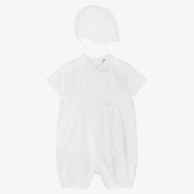 Sarah Louise Boys White Cotton Babysuit & Hat Set