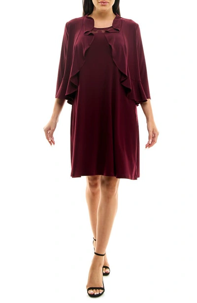 Nina Leonard 2-piece Ruffle Bolero & Sleeveless Dress In Deep Wine